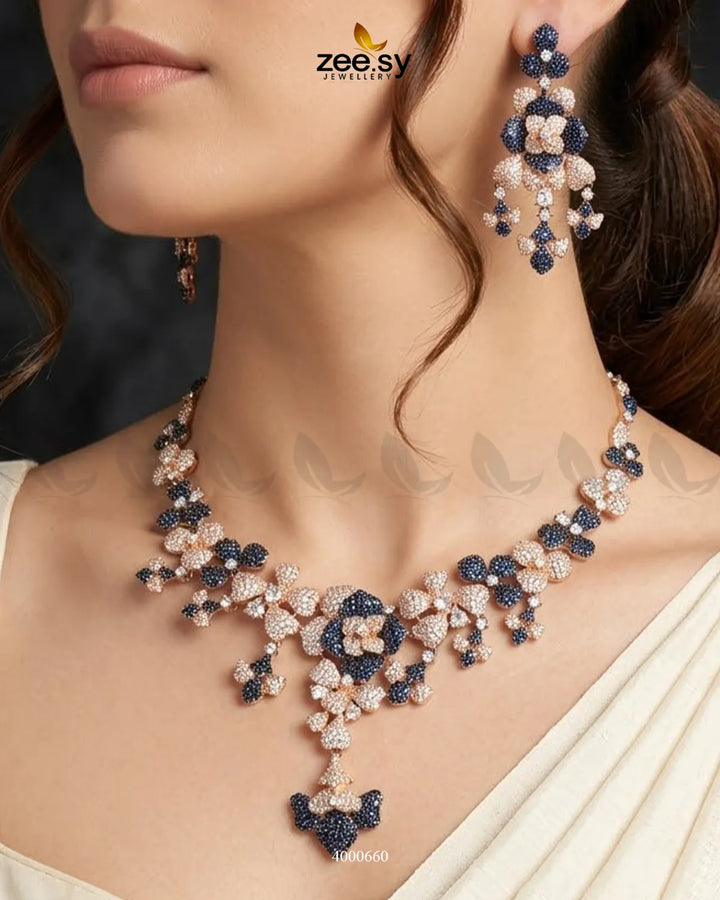 Black sparkling zirconia necklace set with matching earrings, featuring rose and blue accents from RHS09.
