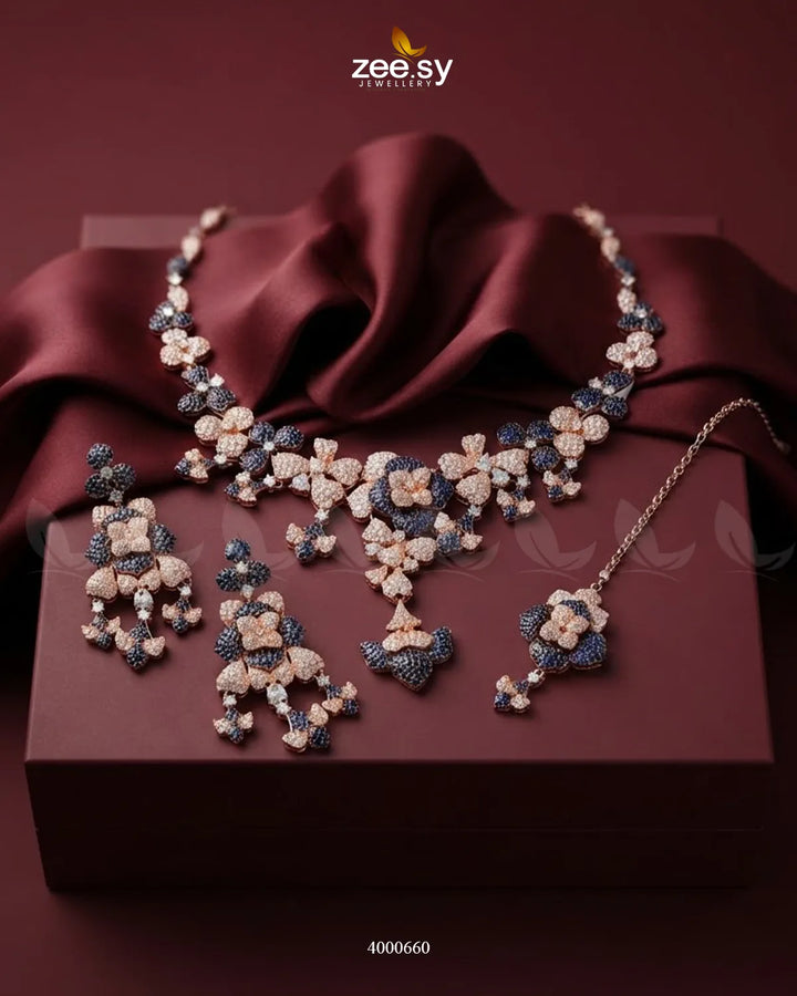 Black sparkling zirconia necklace set with rose and blue accents, featuring elegant jewelry from RHS09.
