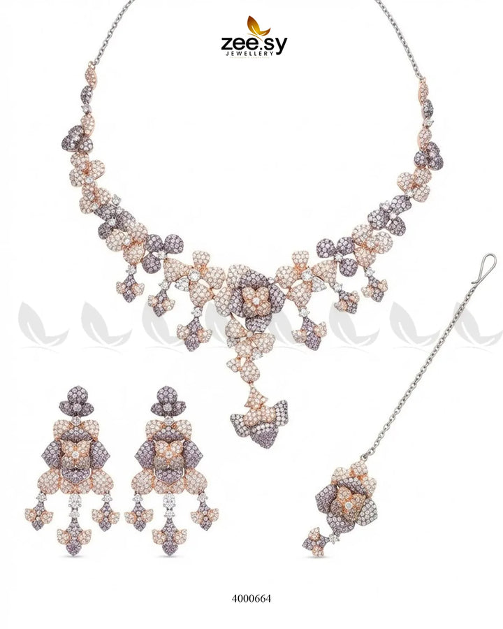 Black sparkling zirconia necklace set with rose and purple accents, elegant jewelry by RHS09.