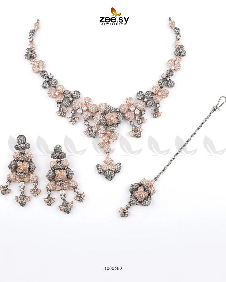 Black sparkling zirconia necklace set with rose and white accents, elegant jewelry by RHS09 featuring multiple pieces.