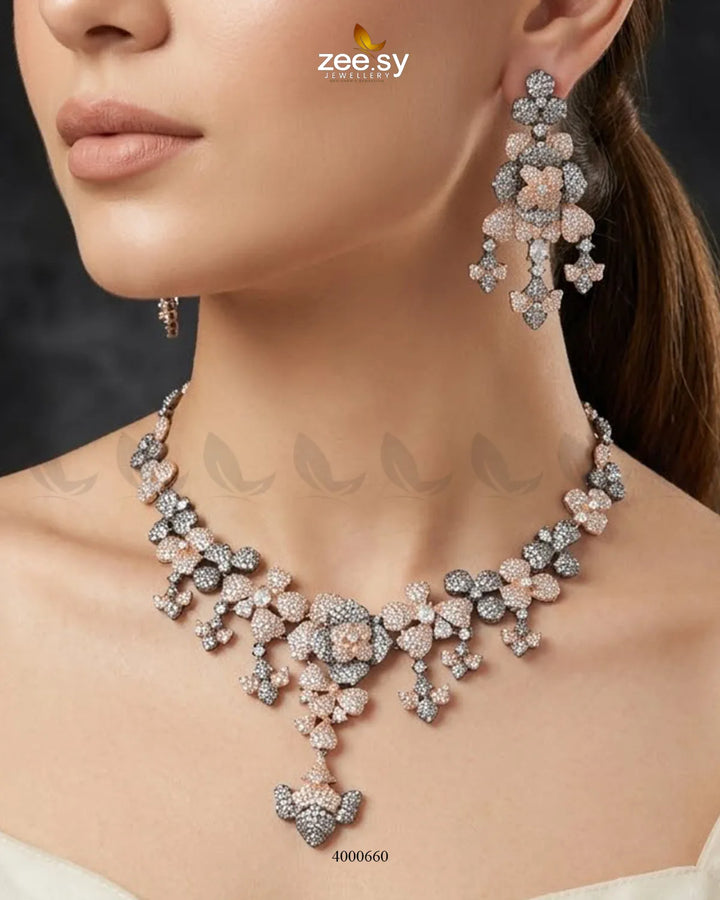 Black sparkling zirconia necklace set with rose and white accents, elegant jewelry by RHS09.