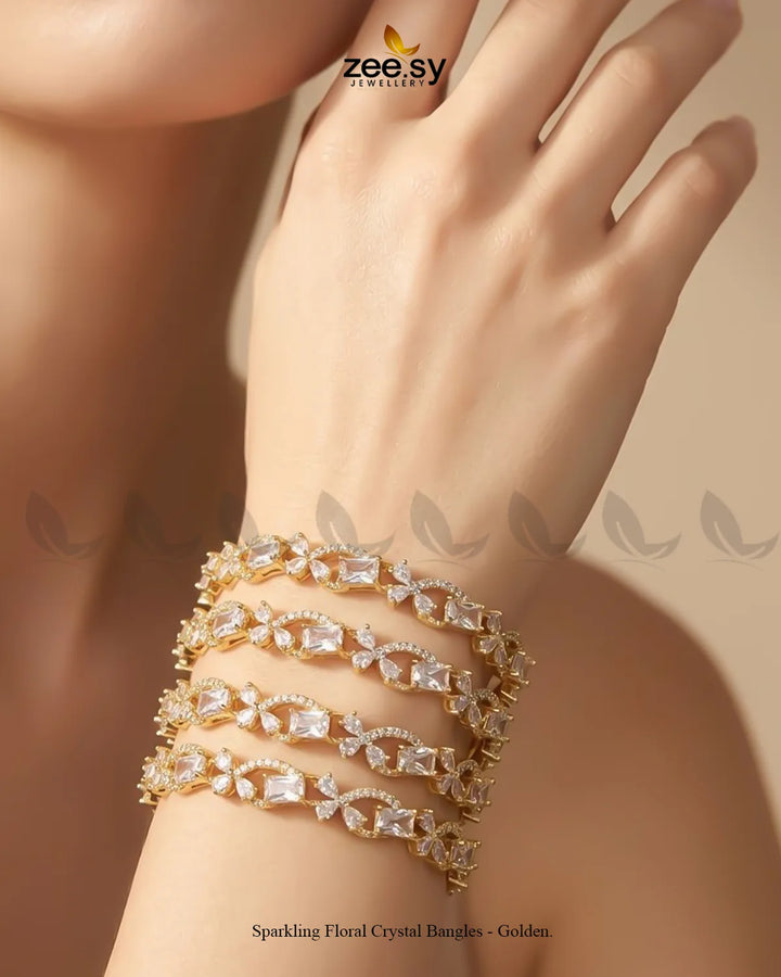Golden RHS09 sparkling floral crystal bangles with intricate floral designs and shimmering crystals, perfect for elegant occasions.