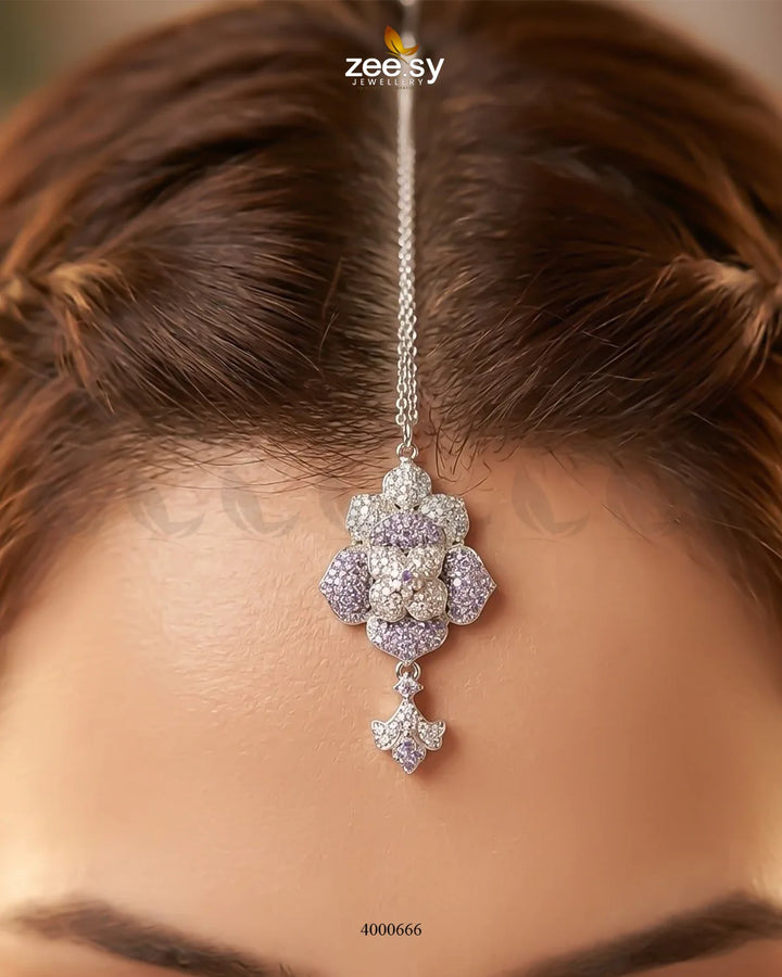 Silver sparkling zirconia necklace set with purple accents, elegant jewelry from RHS09 featuring intricate design and shining stones.