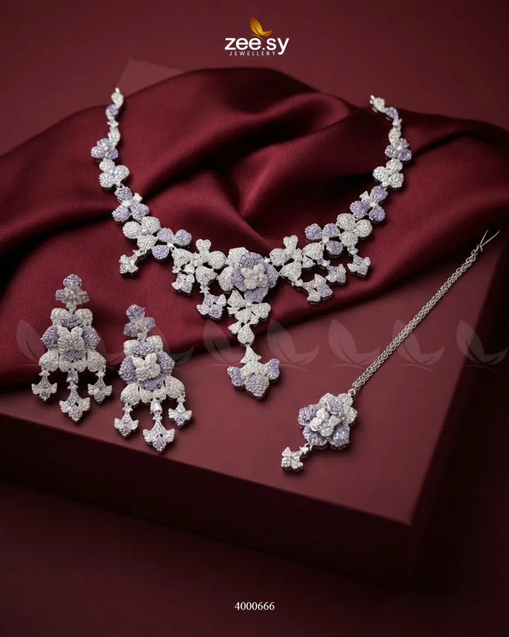 Silver sparkling zirconia necklace set with purple accents, elegant jewelry by RHS09 featuring intricate design and shimmering stones.