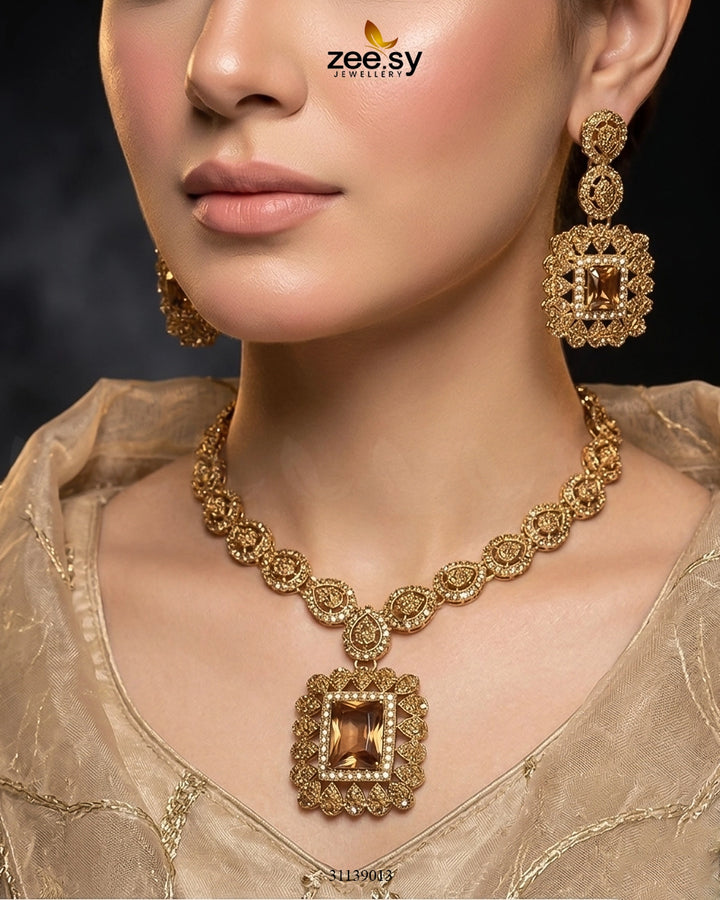 Square Bold Stone Necklace Set Necklace Sets - Zeesy Jewellery Pakistan | Premium Artificial & Imitation Jewellery