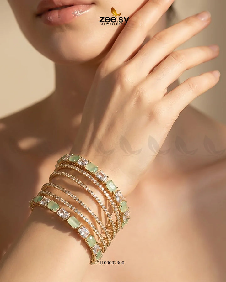 Square Gemstone Paved Bangles Golden Mint Green Bangles - Zeesy Jewellery Pakistan | Premium Artificial & Imitation Jewellery