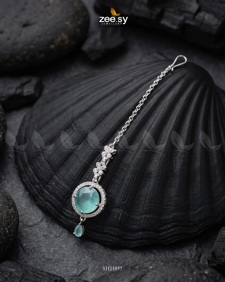 Mint green Talia Bindiya by RHS09 featuring intricate design, perfect for traditional Indian attire.