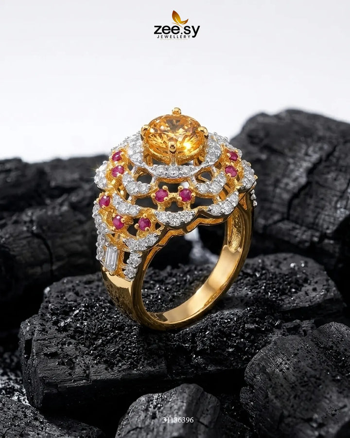 Velora Circle Bold Stone Ring Golden Ruby & Champagne Finger Ring - Zeesy Jewellery Pakistan | Premium Artificial & Imitation Jewellery