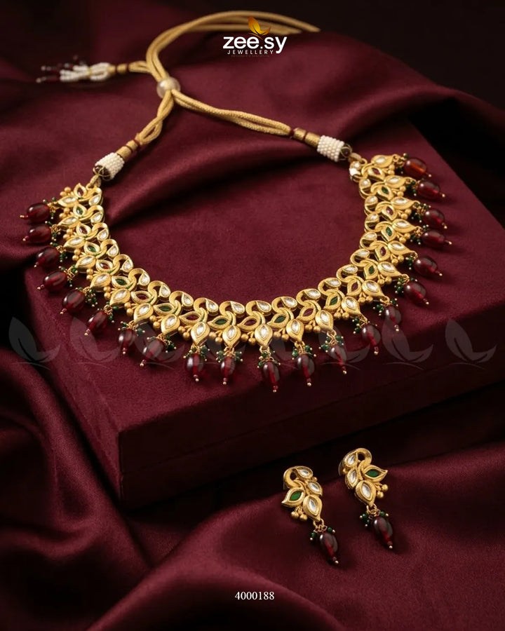 Vermilion Pearl Drop Necklace Set Golden Red & Green Necklace Sets - Zeesy Jewellery Pakistan | Premium Artificial & Imitation Jewellery