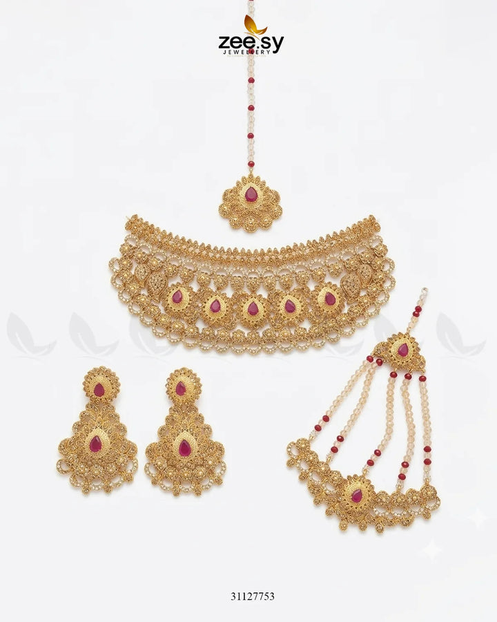 Victorian Rose Ruby Bridal Set Bridal Set - Zeesy Jewellery Pakistan | Premium Artificial & Imitation Jewellery