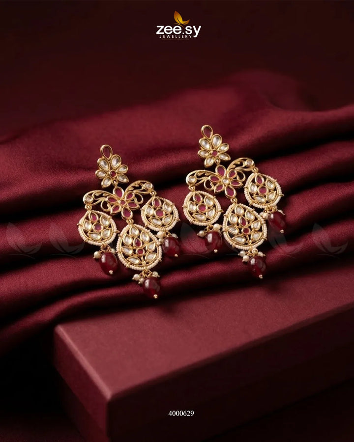 Vintage beaded Kundan earrings by RHS09 in red with traditional gemstone detailing