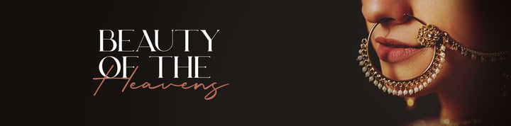 Luxury women’s jewelry banner featuring elegant gold necklace and earrings worn by model on dark background