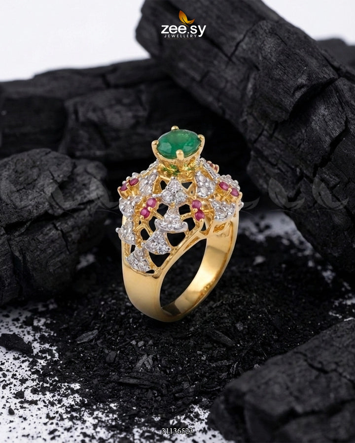 Zelora Stone Cluster Ring Golden Ruby & Green Finger Ring - Zeesy Jewellery Pakistan | Premium Artificial & Imitation Jewellery