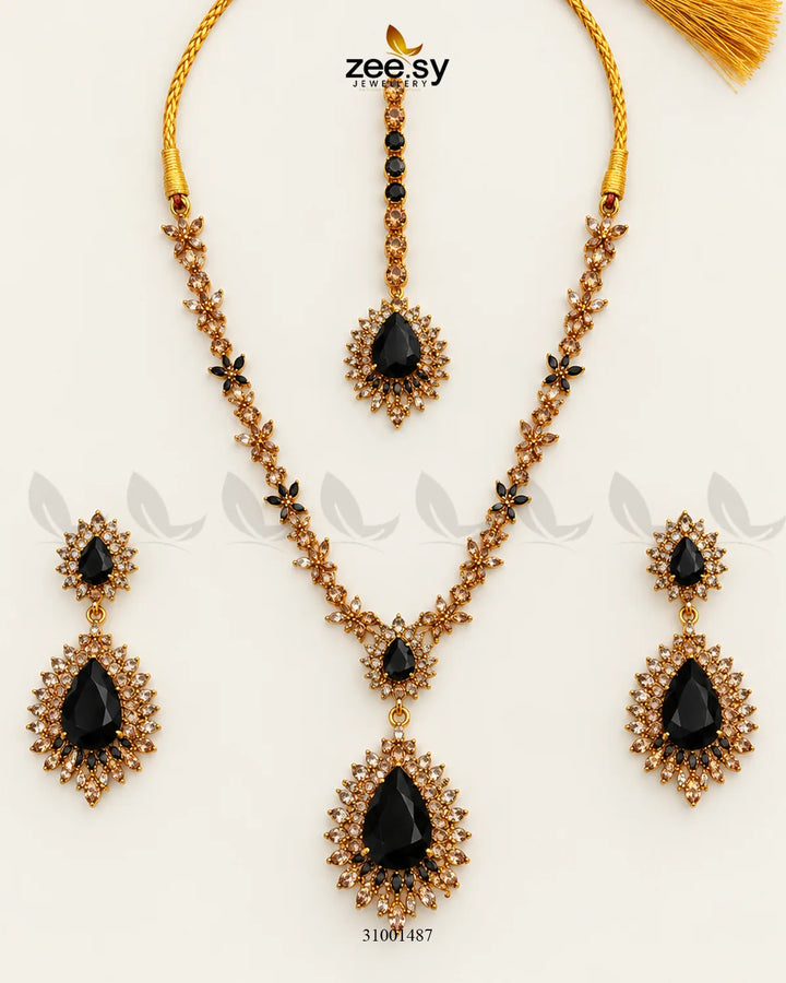 Black Zilla Necklace set by AJ03 featuring a stylish and intricate design, perfect for accessorizing with elegant outfits.