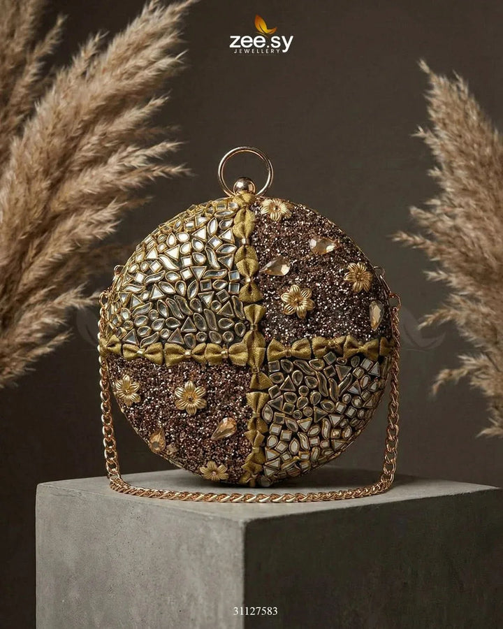 Golden Crosshatch Gem Clutch Bag ACCESSORIES - Zeesy Jewellery Pakistan | Premium Artificial & Imitation Jewellery