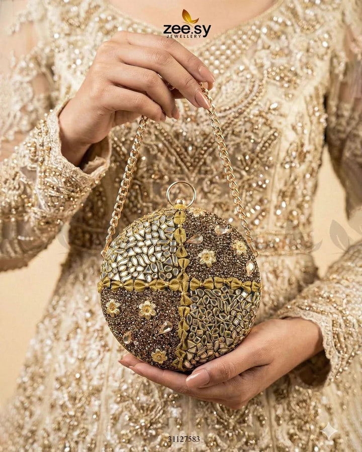 Golden Crosshatch Gem Clutch Bag ACCESSORIES - Zeesy Jewellery Pakistan | Premium Artificial & Imitation Jewellery