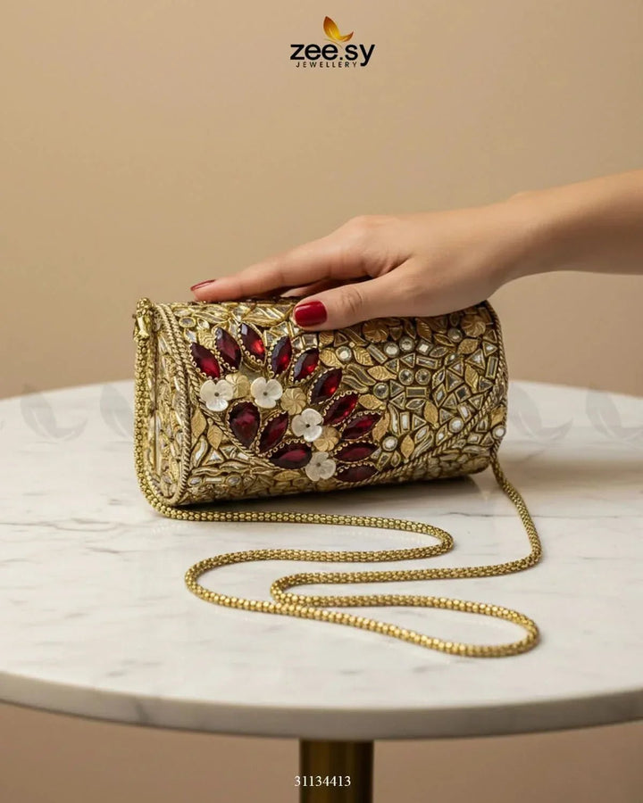 Midnight Reddish Kundan Clutch Bag ACCESSORIES - Zeesy Jewellery Pakistan | Premium Artificial & Imitation Jewellery