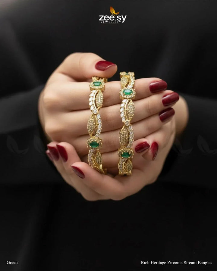 Rich Heritage Zirconia Stream Bangles - Green BANGLES - Zeesy Jewellery Pakistan | Premium Artificial & Imitation Jewellery