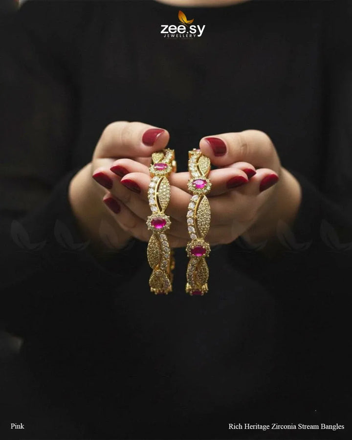 Rich Heritage Zirconia Stream Bangles - Pink BANGLES - Zeesy Jewellery Pakistan | Premium Artificial & Imitation Jewellery