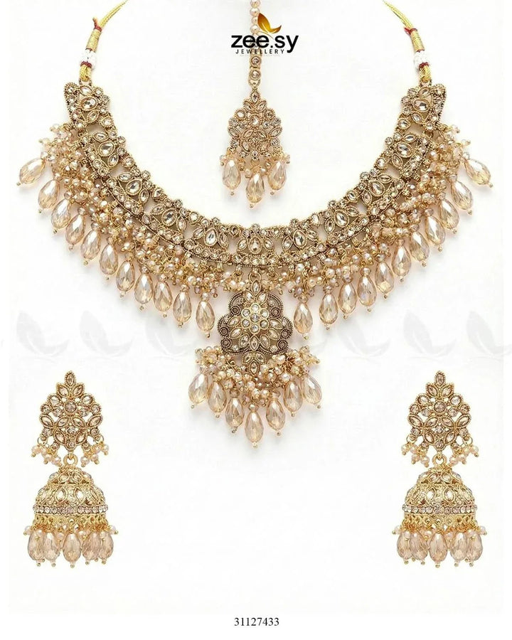 Shahi Qatra CutStone Bridal Set Champagne Bridal Set - Zeesy Jewellery Pakistan | Premium Artificial & Imitation Jewellery