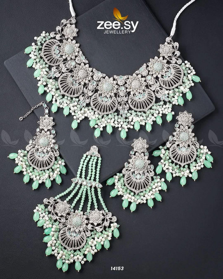 Yarrow Bridal Set Silver Mint Green Bridal Set - Zeesy Jewellery Pakistan | Premium Artificial & Imitation Jewellery
