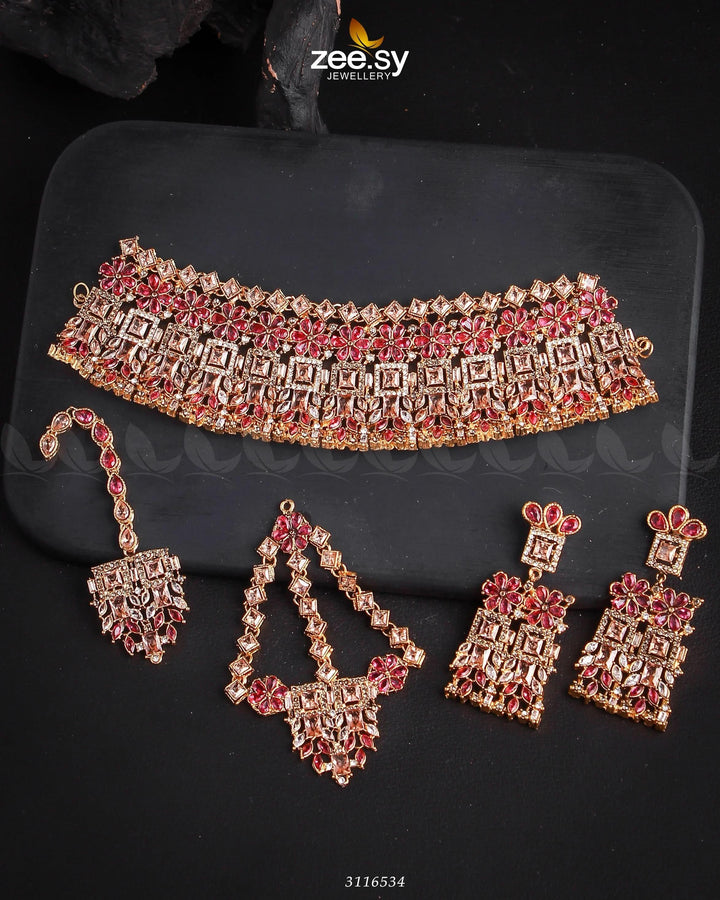 Rihanna Bridal Sets Golden Pink Bridal Set - Zeesy Jewellery Pakistan | Premium Artificial & Imitation Jewellery