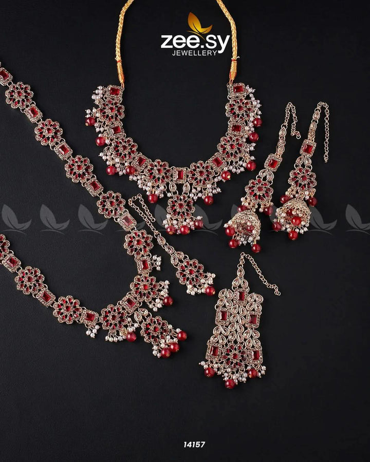 Armeria Bridal Set Golden Red Bridal Set - Zeesy Jewellery Pakistan | Premium Artificial & Imitation Jewellery
