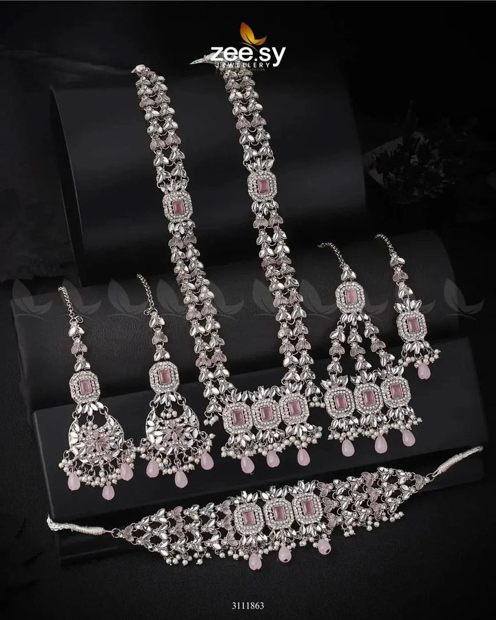 Anushka Bridal Set Silver Mint Pink Bridal Set - Zeesy Jewellery Pakistan | Premium Artificial & Imitation Jewellery
