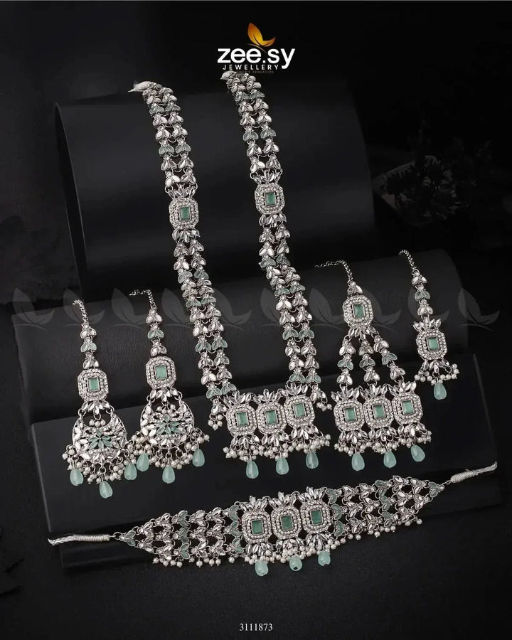 Anushka Bridal Set Silver Mint Green Bridal Set - Zeesy Jewellery Pakistan | Premium Artificial & Imitation Jewellery