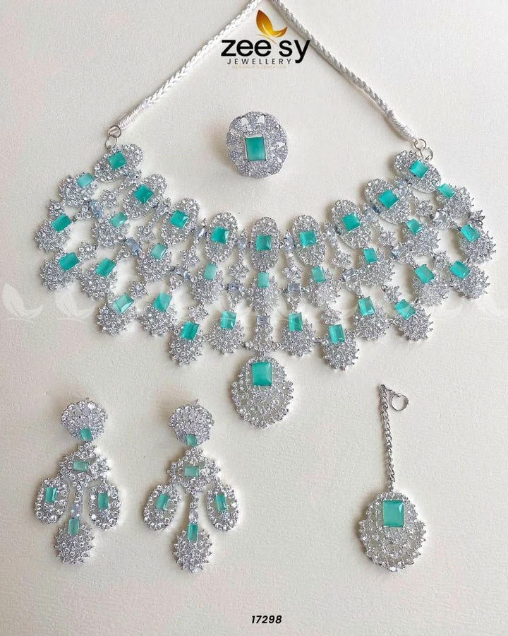 Kiara Advani Bridal Set Silver Mint Green Bridal Set - Zeesy Jewellery Pakistan | Premium Artificial & Imitation Jewellery