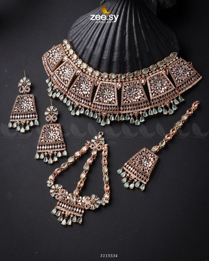 Royal Bridal Set Golden Mint Green Bridal Set - Zeesy Jewellery Pakistan | Premium Artificial & Imitation Jewellery