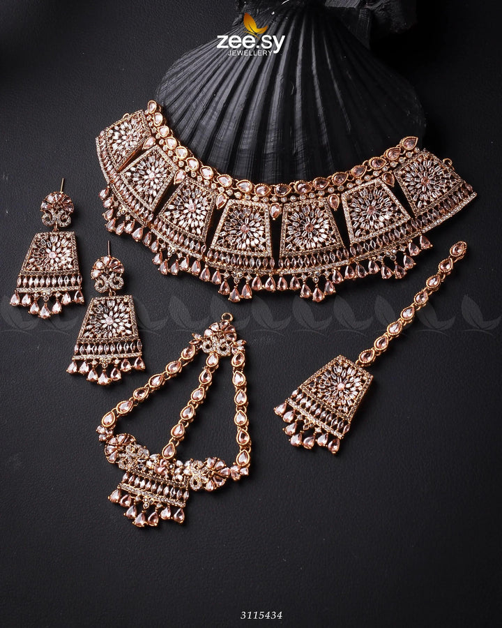 Royal Bridal Set Golden Champagne Bridal Set - Zeesy Jewellery Pakistan | Premium Artificial & Imitation Jewellery