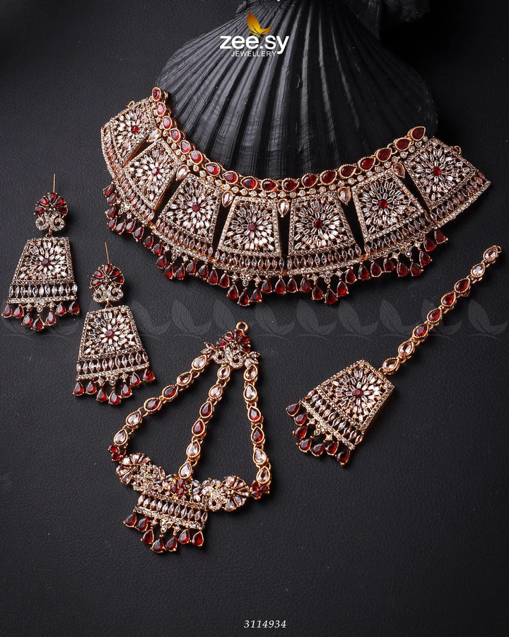 Royal Bridal Set Golden Red Bridal Set - Zeesy Jewellery Pakistan | Premium Artificial & Imitation Jewellery