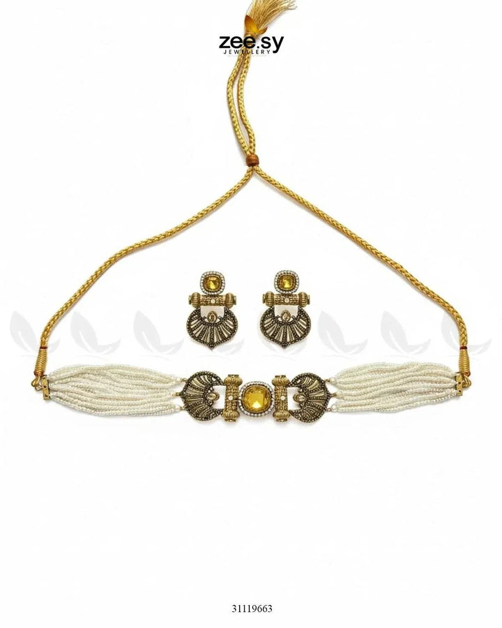 Obelisk Rhodium Polished Choker Set choker - Zeesy Jewellery Pakistan | Premium Artificial & Imitation Jewellery