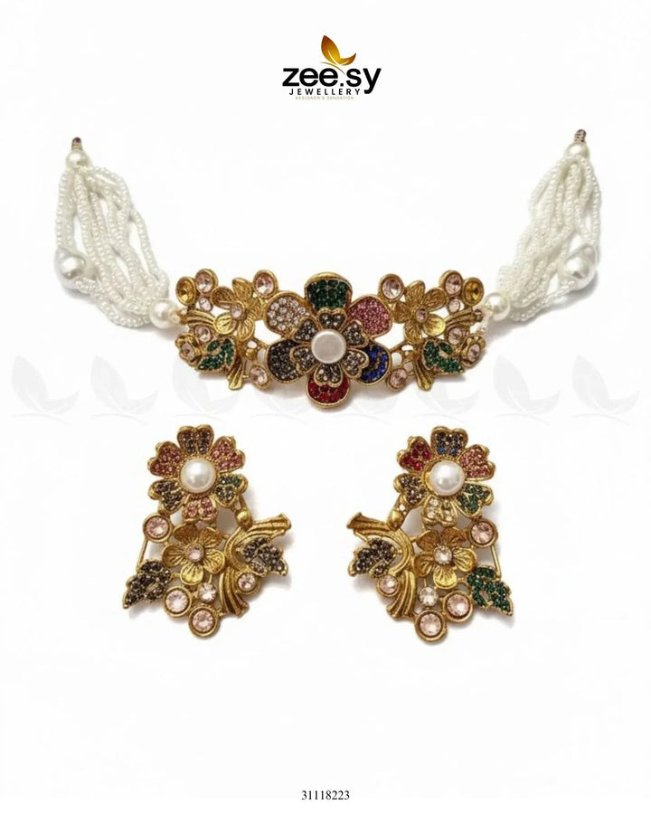 Peony Choker Set Golden Multi choker - Zeesy Jewellery Pakistan | Premium Artificial & Imitation Jewellery