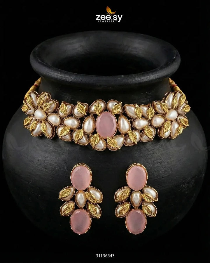 Jennet Baroque Pearl Choker Set Golden Mint Pink choker - Zeesy Jewellery Pakistan | Premium Artificial & Imitation Jewellery