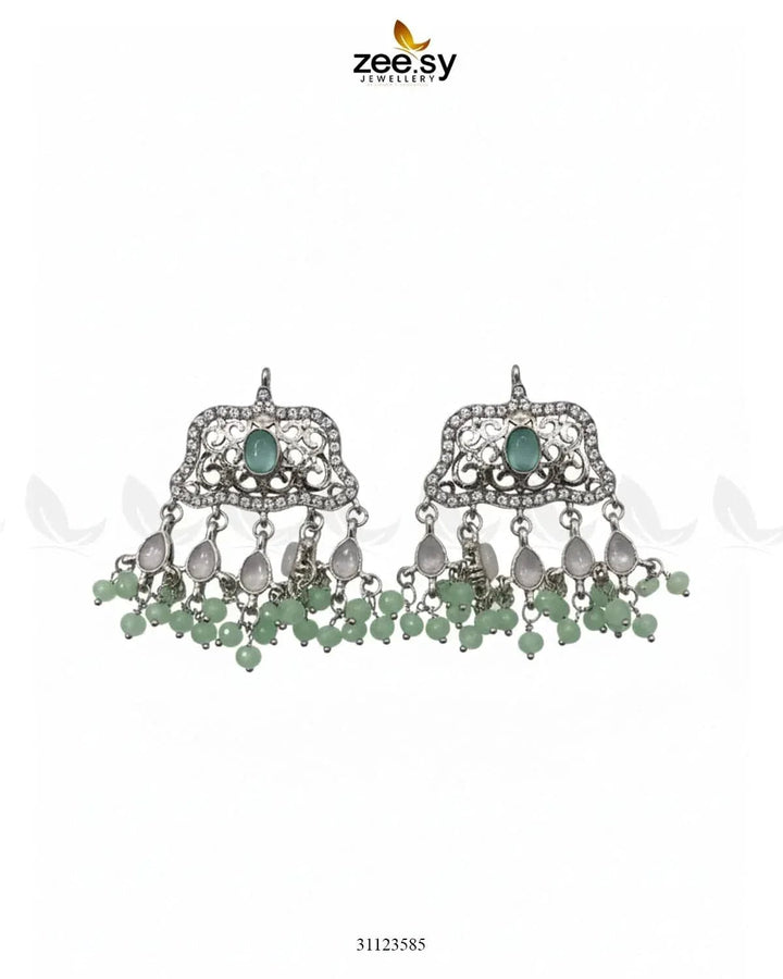Elegant Tassel Moti Work Earrings Silver Mint Green Earrings - Zeesy Jewellery Pakistan | Premium Artificial & Imitation Jewellery