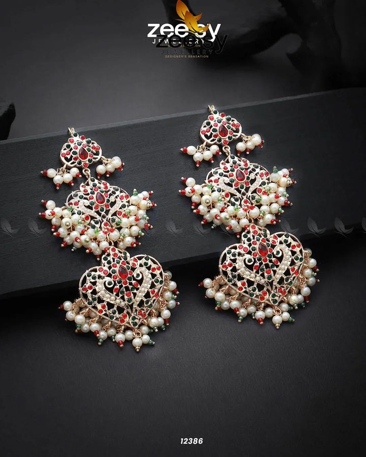 Keerthi's Earrings Golden Red & Green Earrings - Zeesy Jewellery Pakistan | Premium Artificial & Imitation Jewellery