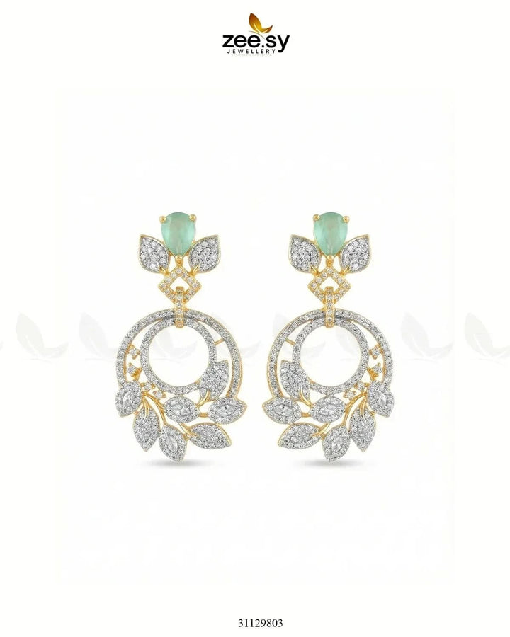 Golden Royal Round Zirconia Earrings Golden Mint Green Earrings - Zeesy Jewellery Pakistan | Premium Artificial & Imitation Jewellery