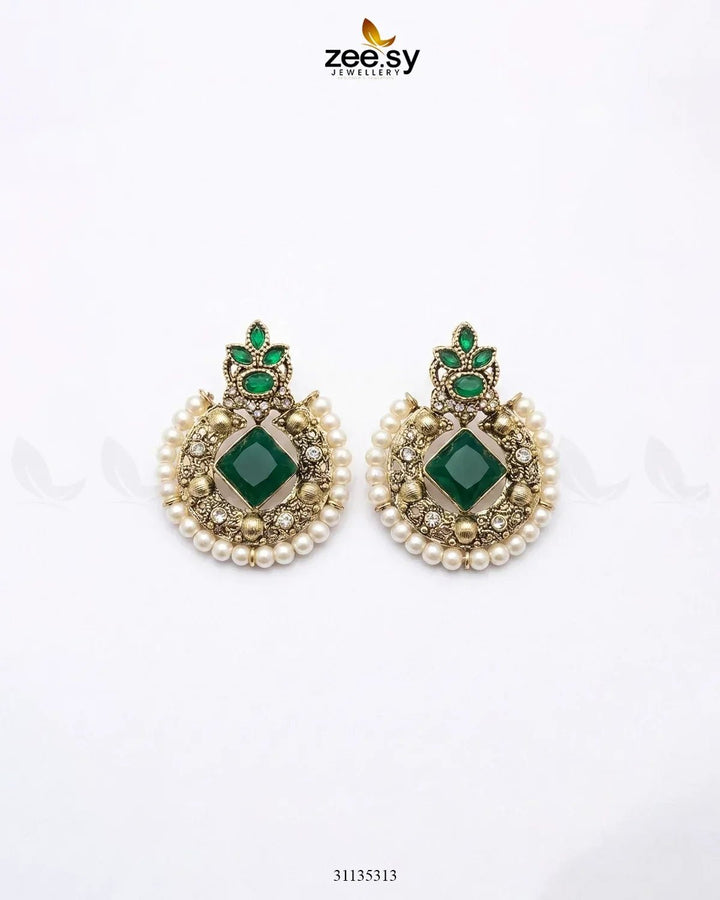 Bella Round Bold Stone Earrings Golden Green Earrings - Zeesy Jewellery Pakistan | Premium Artificial & Imitation Jewellery