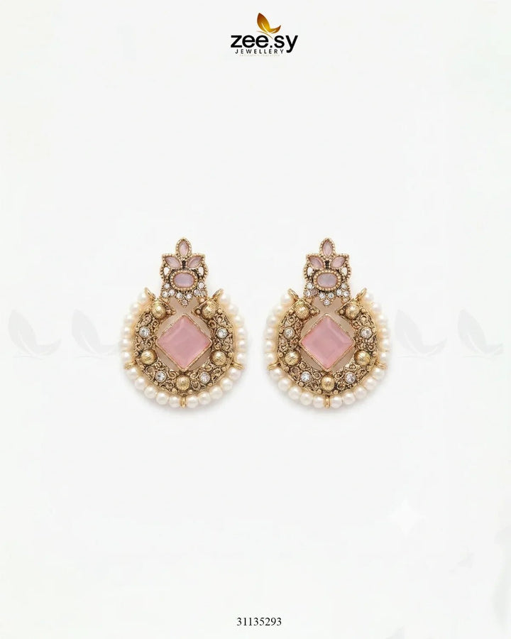 Bella Round Bold Stone Earrings Golden Mint Pink Earrings - Zeesy Jewellery Pakistan | Premium Artificial & Imitation Jewellery