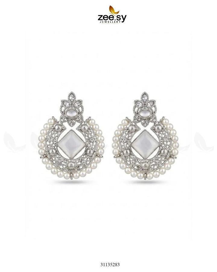 Bella Round Bold Stone Earrings Silver White Earrings - Zeesy Jewellery Pakistan | Premium Artificial & Imitation Jewellery