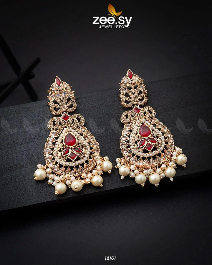 Dilnaz Jhumka Golden Red Earrings - Zeesy Jewellery Pakistan | Premium Artificial & Imitation Jewellery