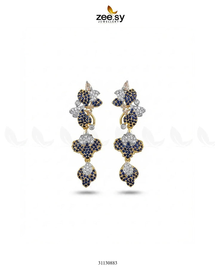 Golden Flower Dangler Cluster Earrings Golden Blue Earrings - Zeesy Jewellery Pakistan | Premium Artificial & Imitation Jewellery