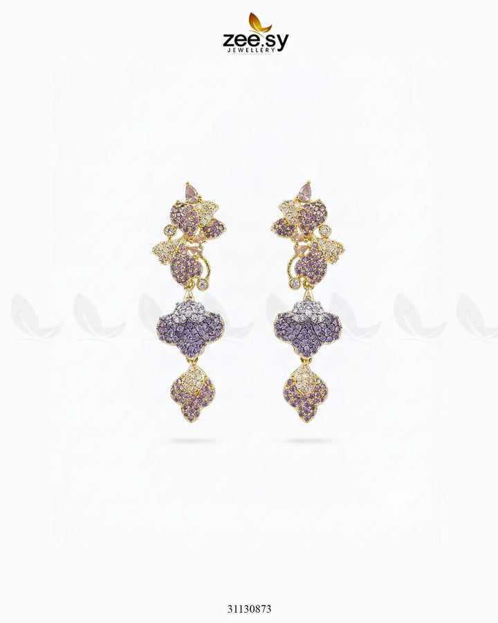 Golden Flower Dangler Cluster Earrings Golden Purple Earrings - Zeesy Jewellery Pakistan | Premium Artificial & Imitation Jewellery