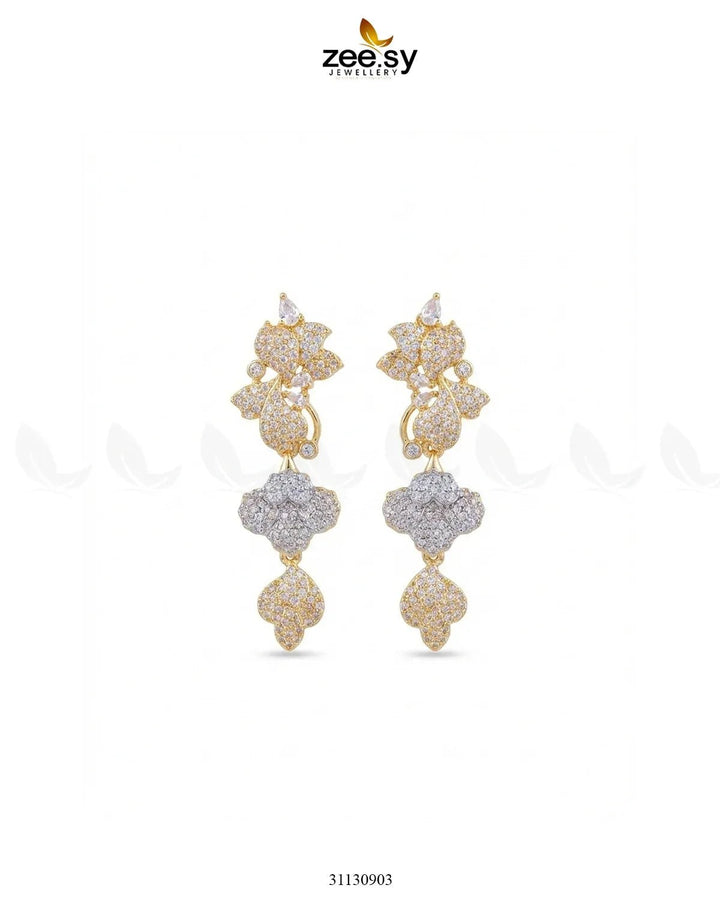 Golden Flower Dangler Cluster Earrings Golden White Earrings - Zeesy Jewellery Pakistan | Premium Artificial & Imitation Jewellery