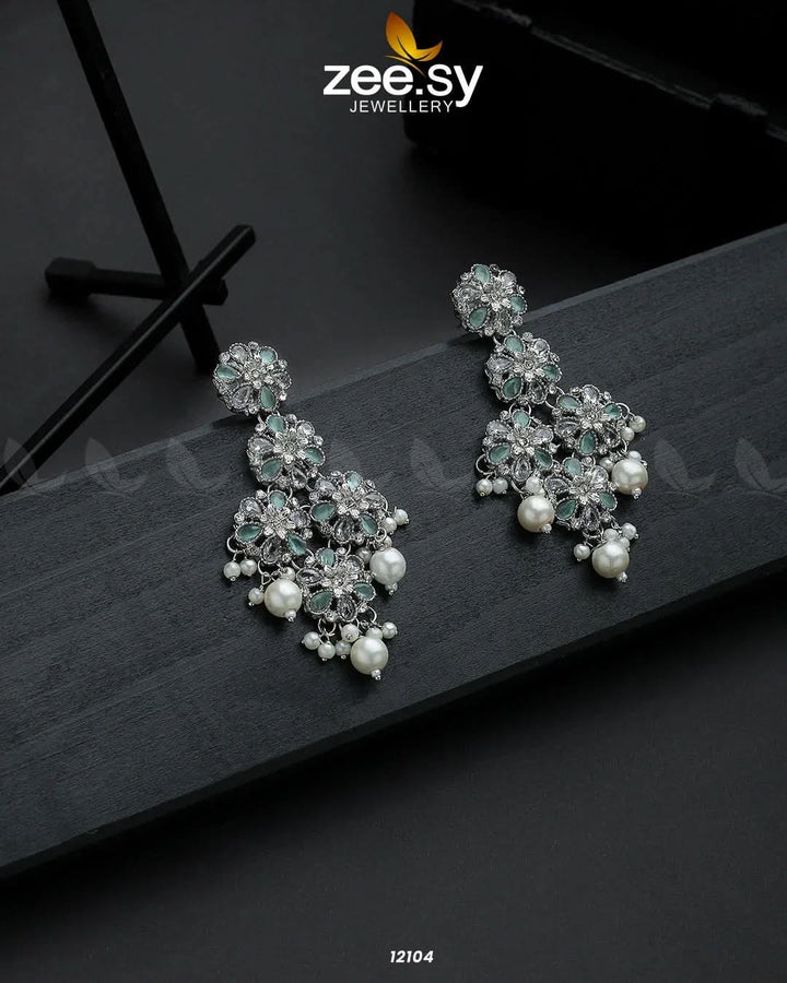 Silver Orchid Earrings Mint Green Earrings - Zeesy Jewellery Pakistan | Premium Artificial & Imitation Jewellery