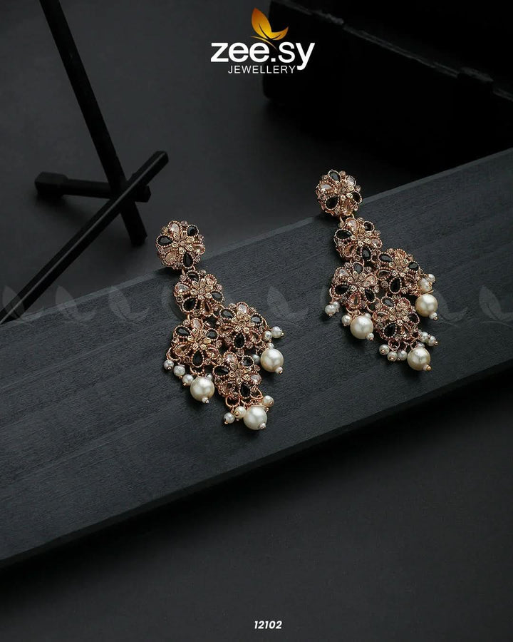 Golden Orchid Elegance Earrings Black Earrings - Zeesy Jewellery Pakistan | Premium Artificial & Imitation Jewellery