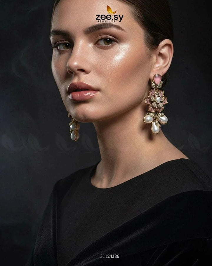 Floral Crystal Pearl Drop Earrings Earrings - Zeesy Jewellery Pakistan | Premium Artificial & Imitation Jewellery