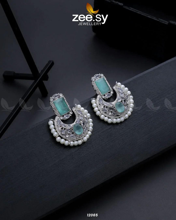 Silver Cluster Pearl Earrings Mint Green Earrings - Zeesy Jewellery Pakistan | Premium Artificial & Imitation Jewellery